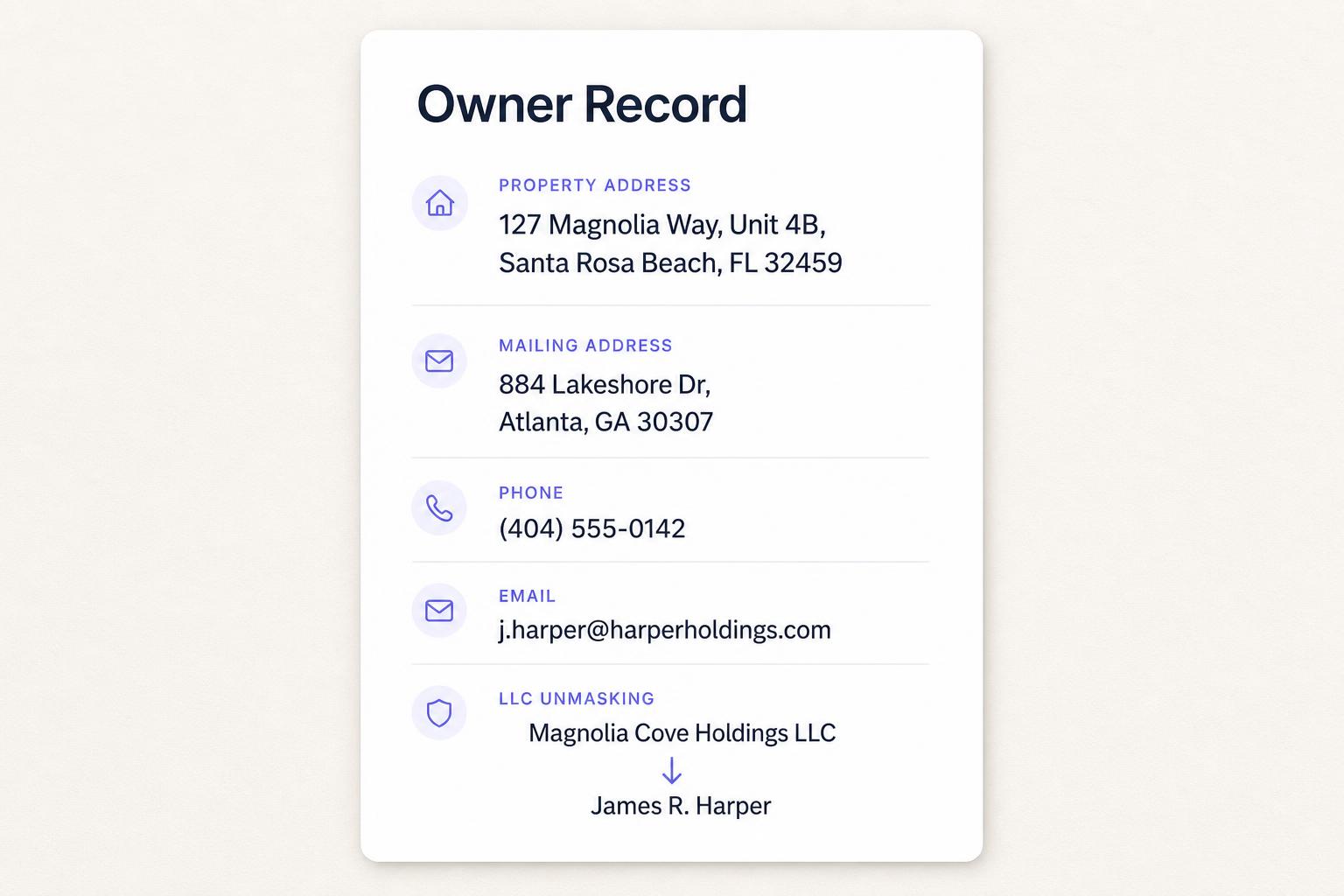 Owner record card with name, phone, email, property address, mailing address, and LLC unmasking